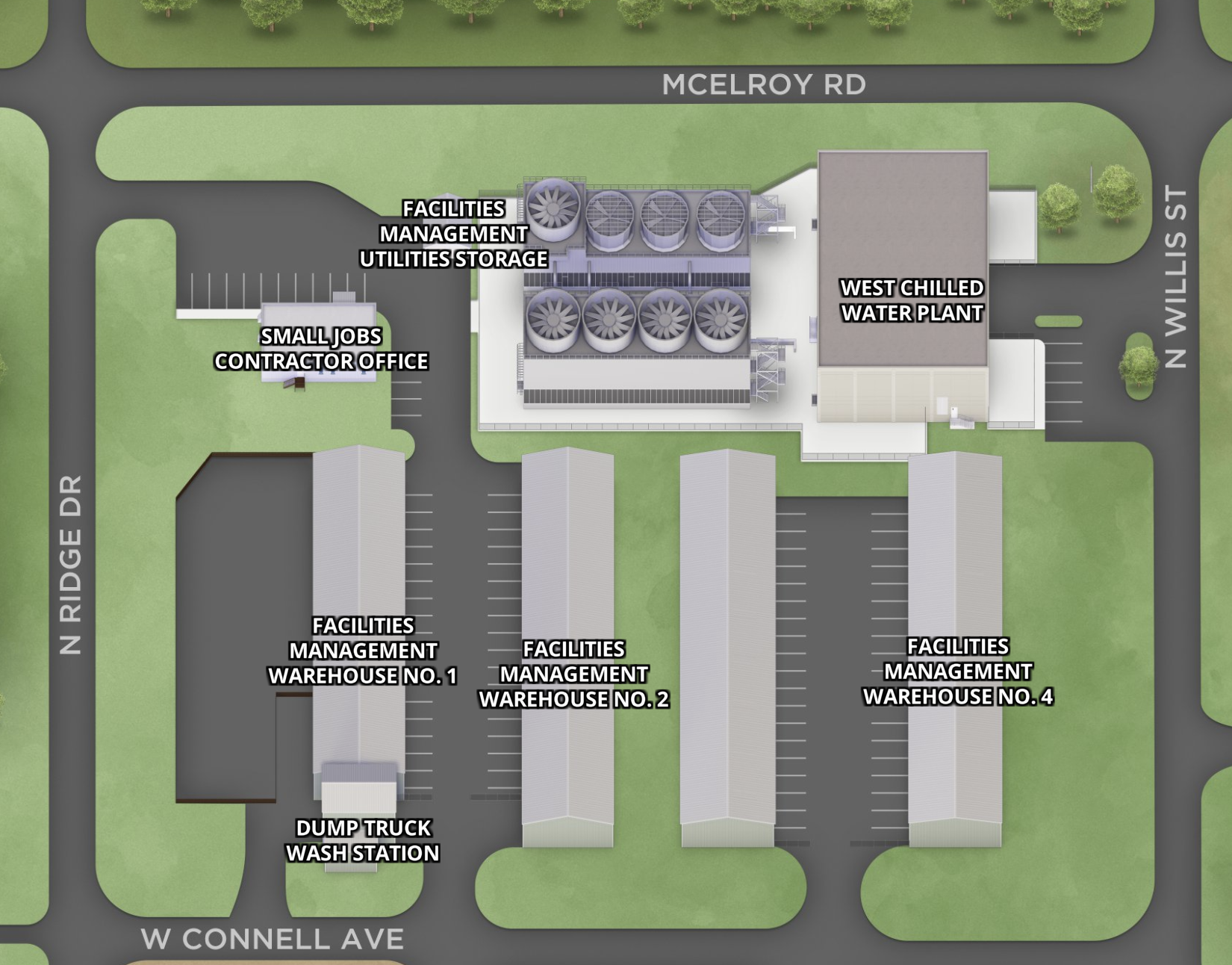 FM Warehouses Map Screenshot of map with rendered warehouses between roads Ridge Drive and Connell Avenue