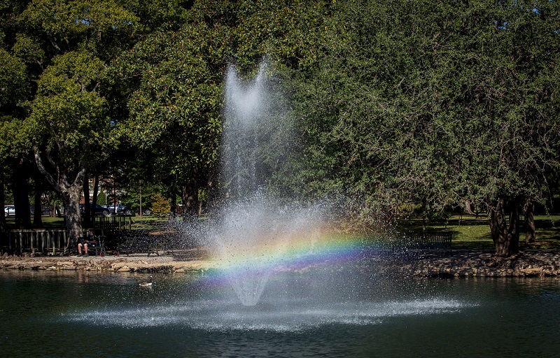 rainbow in the fountain at Theta Pond