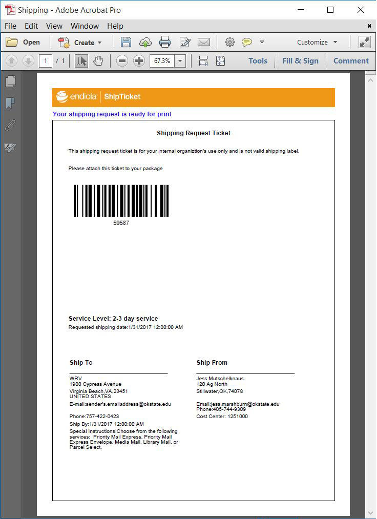 An example of the ship ticket as viewed in Adobe Acrobat, where you may view, save, and print from. 