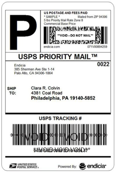 An example of the endicia shipping label featuring the new Intelligent Mail® Package Barcode (IM®pb) that UMS will generate from scanning the endicia ship ticket that you create.