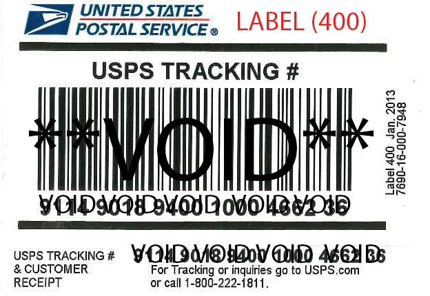 An image, with identifying information altered for security reasons, of the USPS Label (400), which will no longer be used for outgoing desk top mail. In order to receive a tracking number, an endicia.com/shipticket shipping ticket must be printed and attached prior to pick up.
