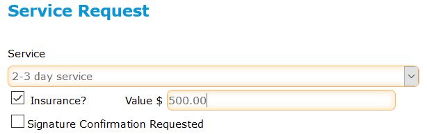 Service Request fields for service types (2-3 day or overnight), insurance, value, and signature confirmation request options.